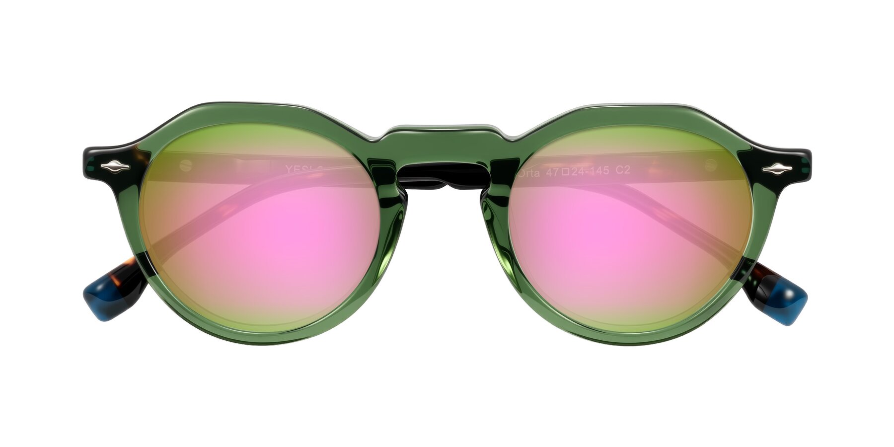 Folded Front of Orta in Green/Tortoise with Pink Mirrored Lenses