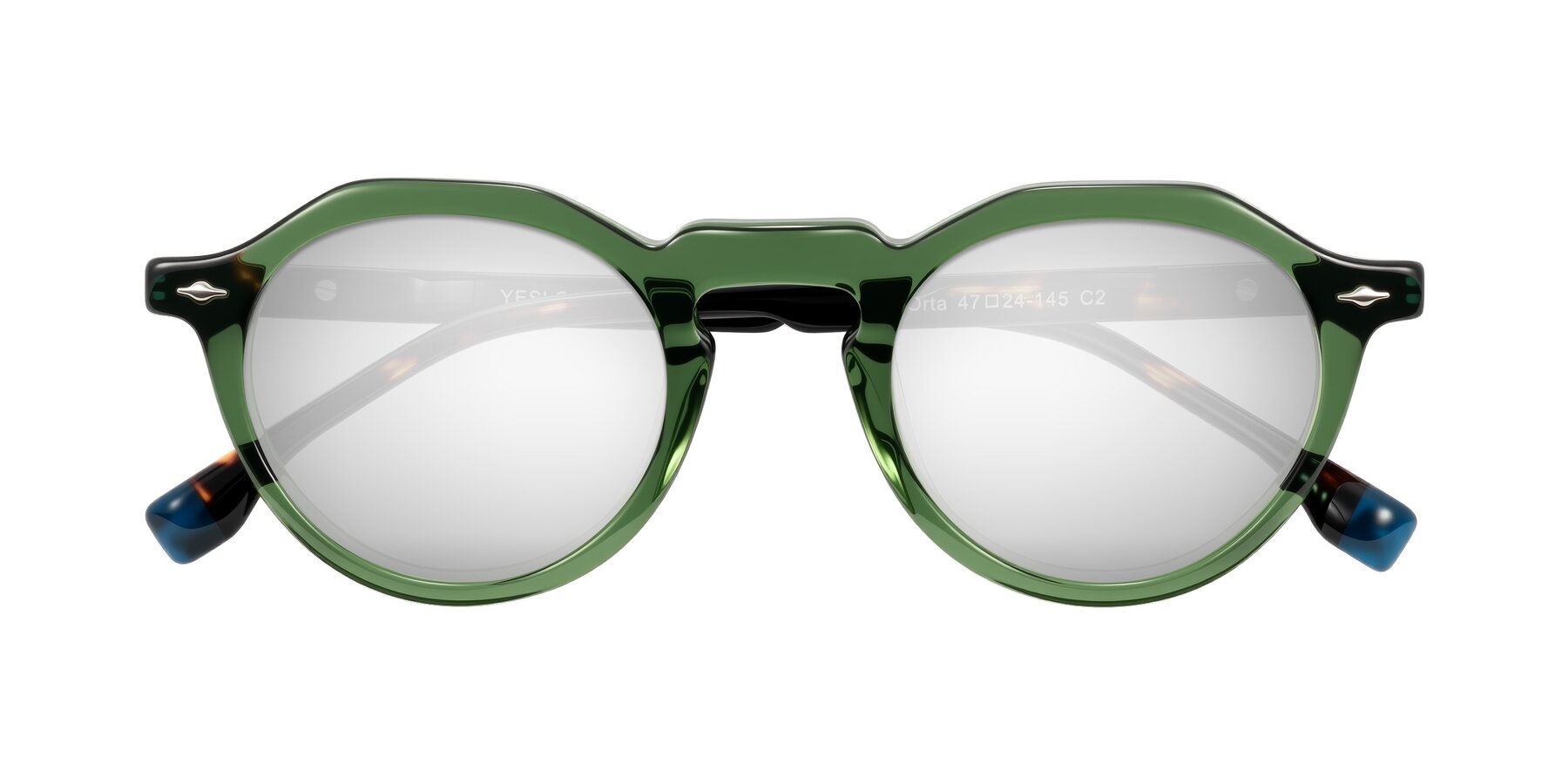 Folded Front of Orta in Green/Tortoise with Silver Mirrored Lenses