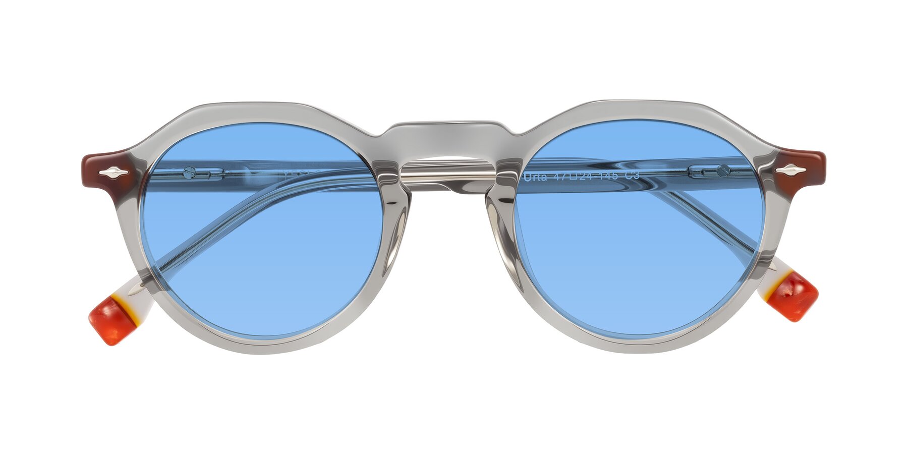 Folded Front of Orta in Gray with Medium Blue Tinted Lenses