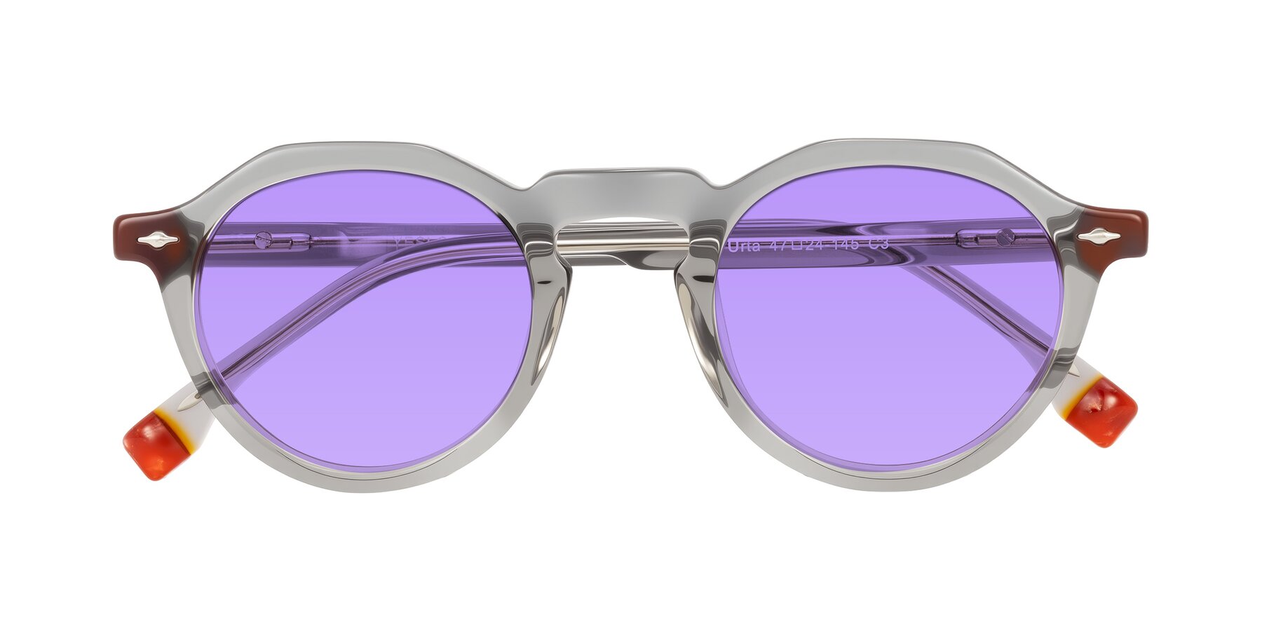 Folded Front of Orta in Gray with Medium Purple Tinted Lenses