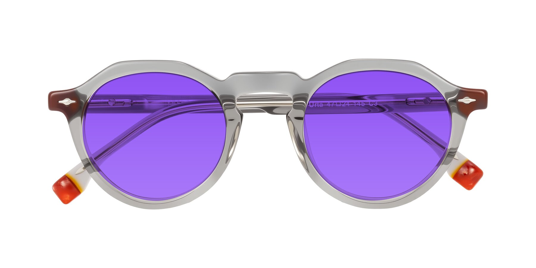 Folded Front of Orta in Gray with Purple Tinted Lenses