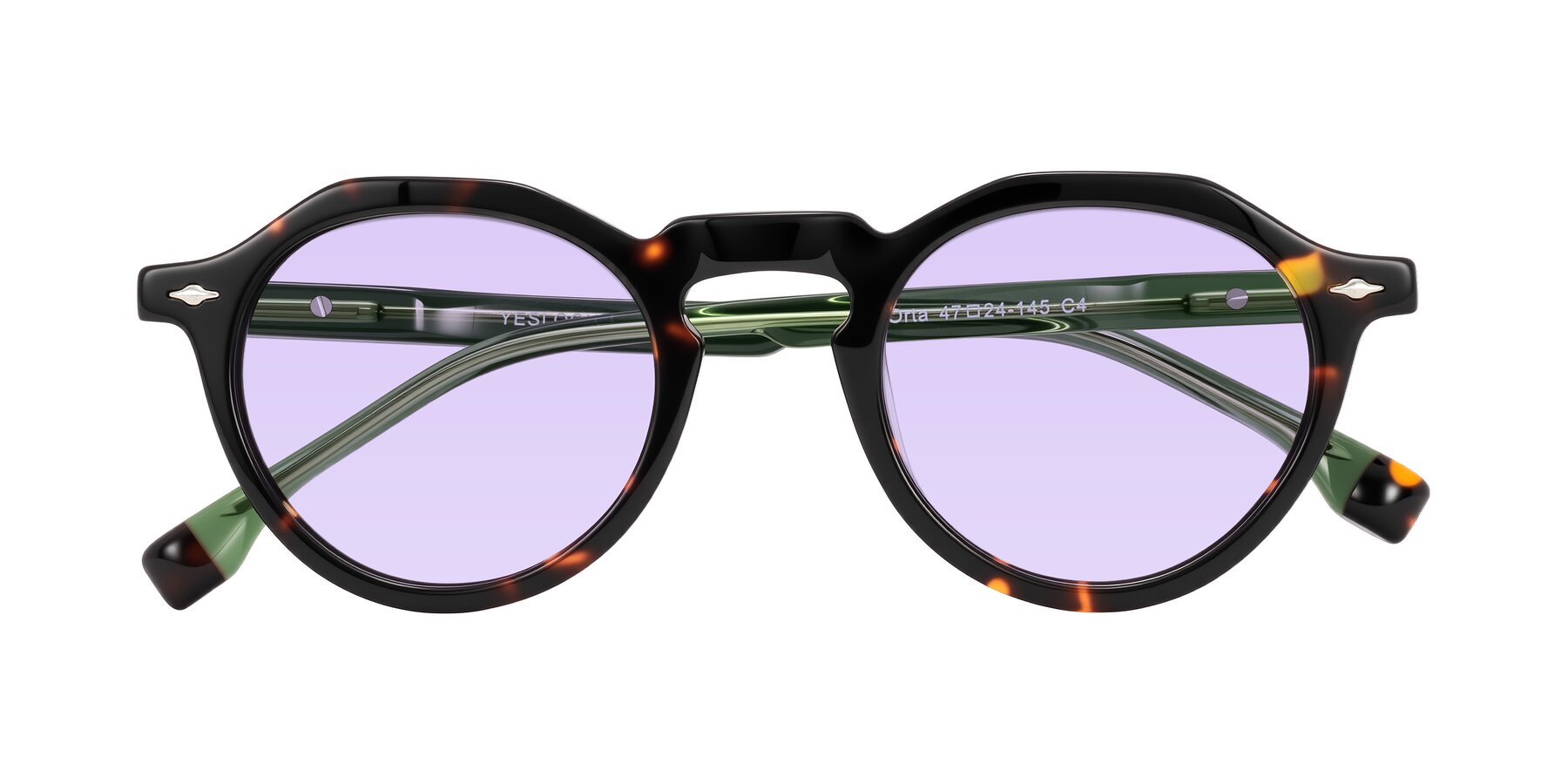 Folded Front of Orta in Tortoise/Green with Light Purple Tinted Lenses