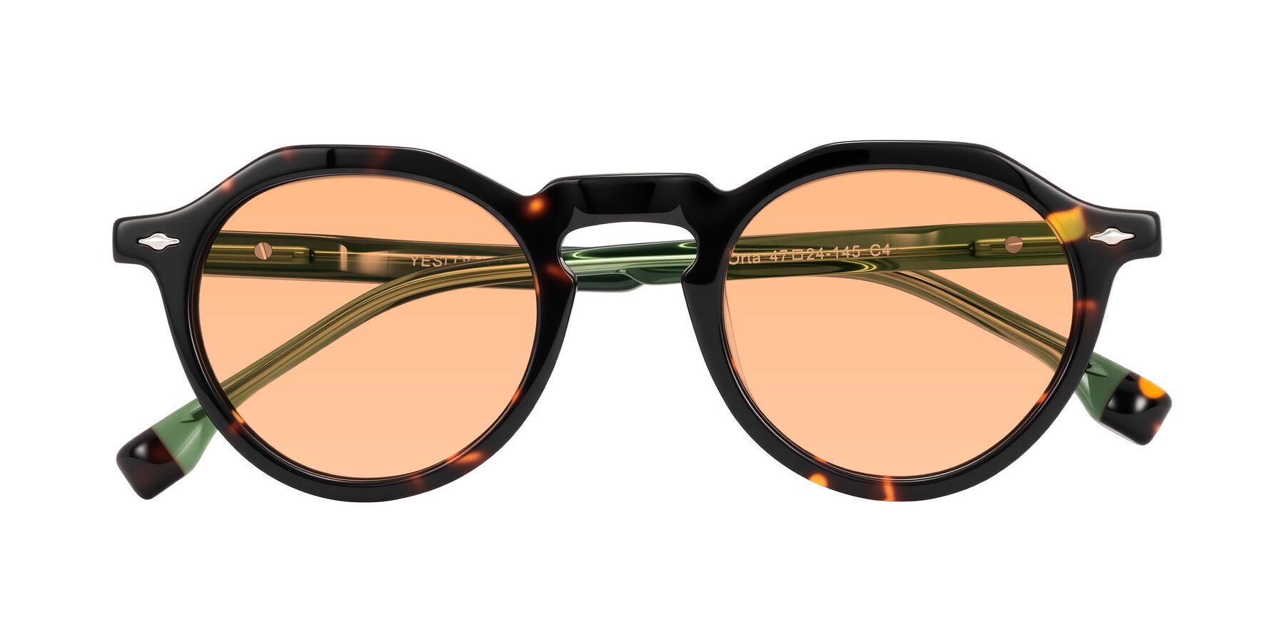 Folded Front of Orta in Tortoise/Green with Light Orange Tinted Lenses