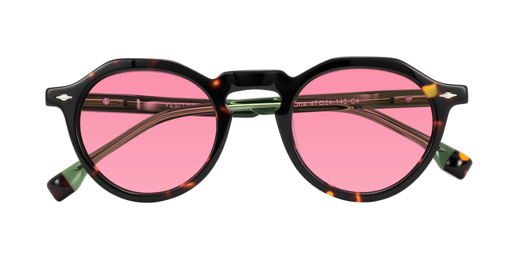 Folded Front of Orta in Tortoise/Green with Pink Tinted Lenses