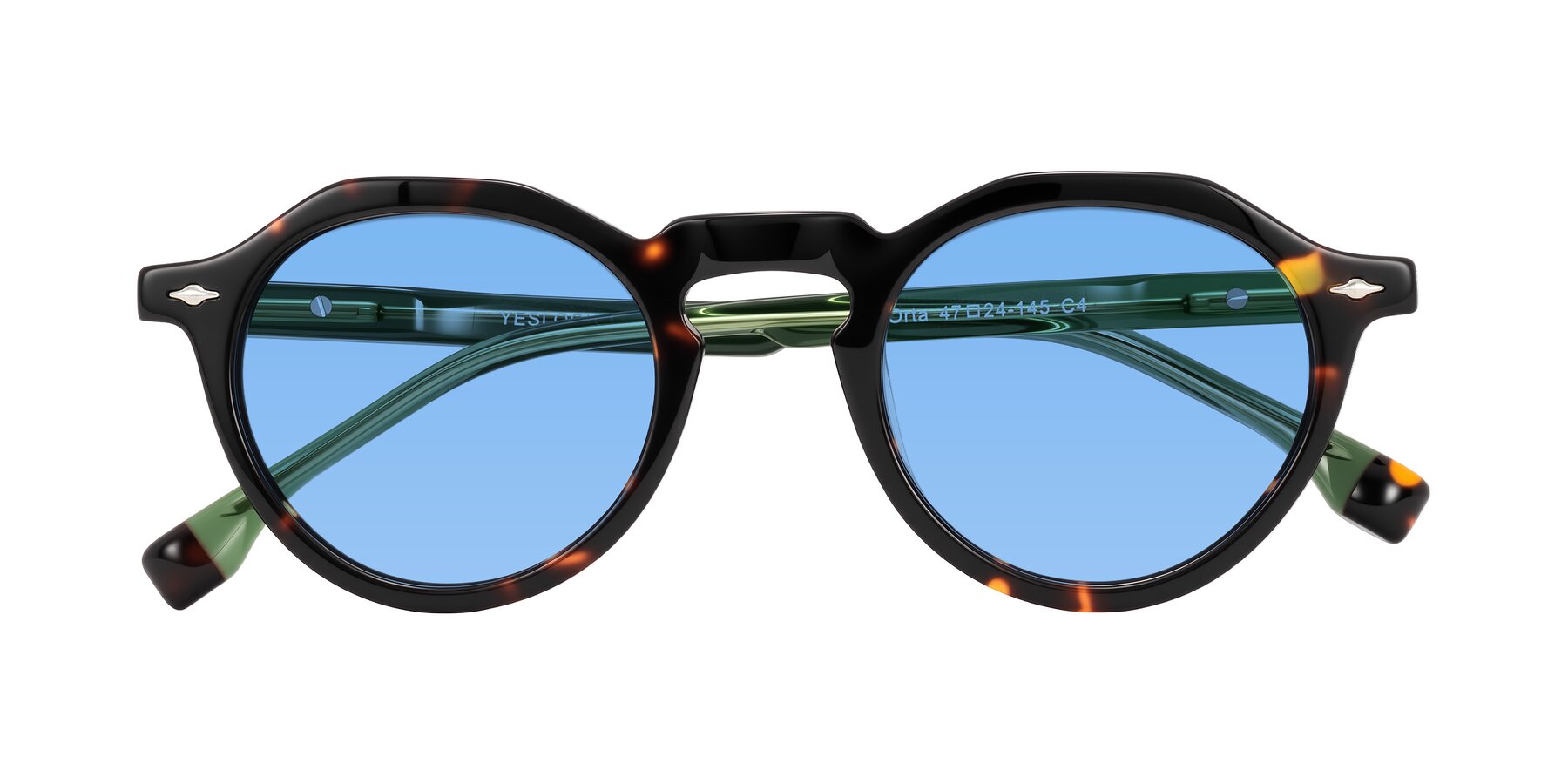 Folded Front of Orta in Tortoise/Green with Medium Blue Tinted Lenses