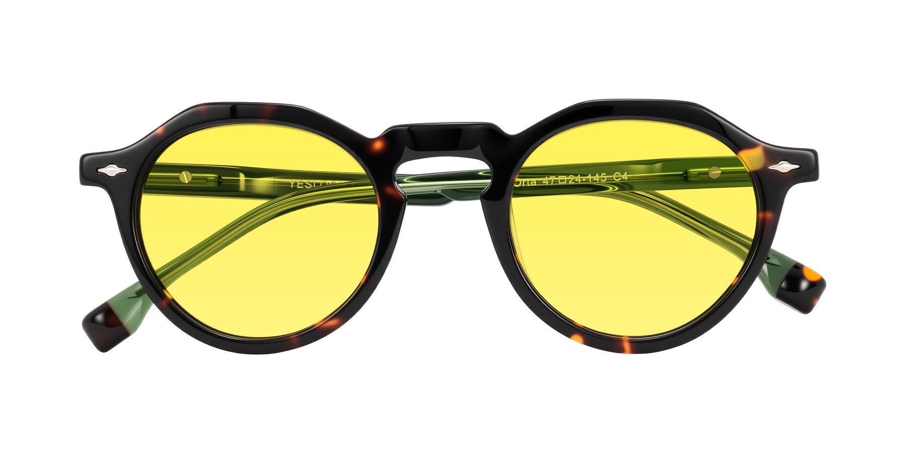 Folded Front of Orta in Tortoise/Green with Medium Yellow Tinted Lenses