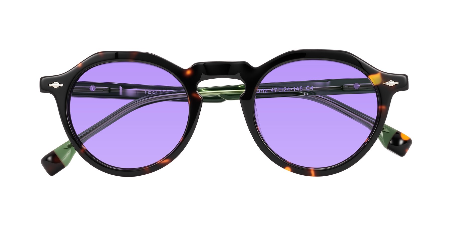 Folded Front of Orta in Tortoise/Green with Medium Purple Tinted Lenses
