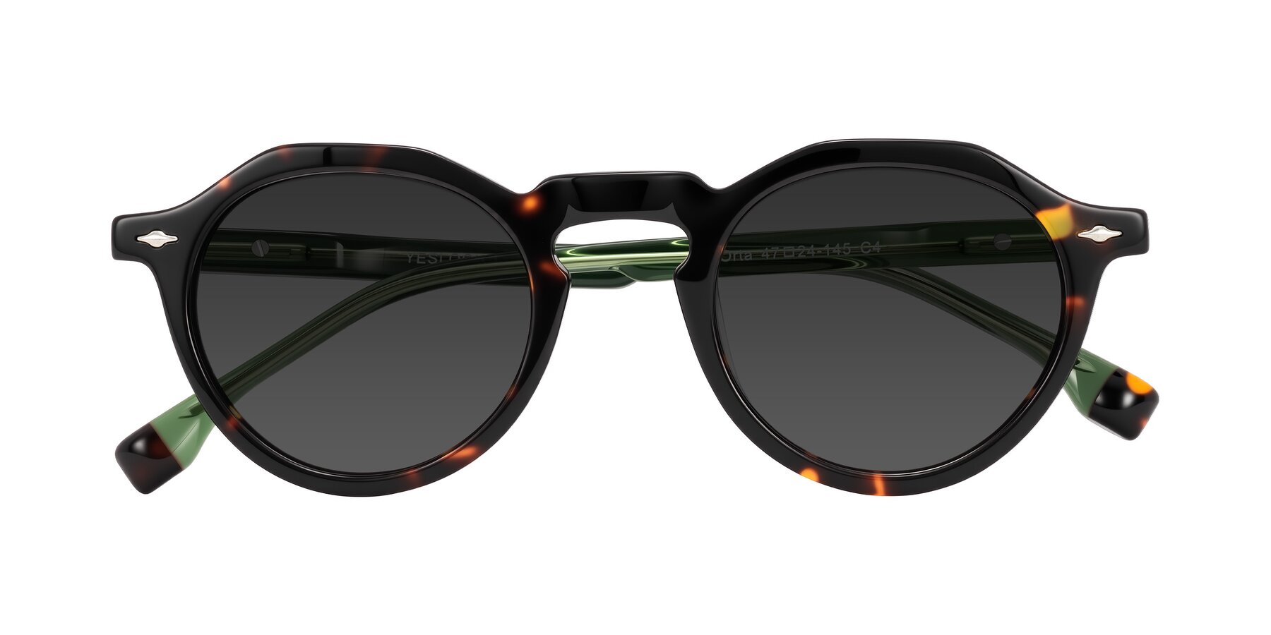 Folded Front of Orta in Tortoise/Green with Gray Tinted Lenses