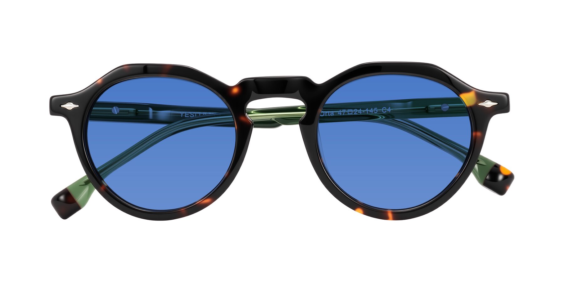 Folded Front of Orta in Tortoise/Green with Blue Tinted Lenses