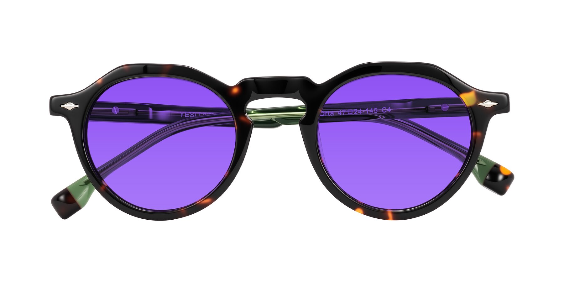 Folded Front of Orta in Tortoise/Green with Purple Tinted Lenses