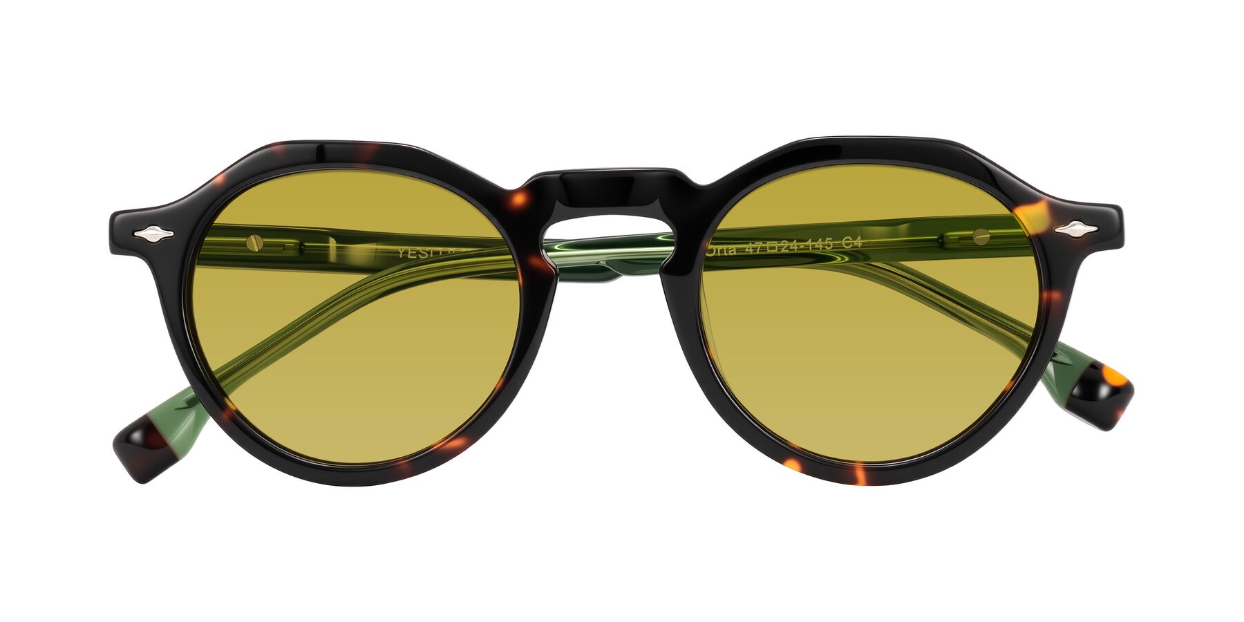 Folded Front of Orta in Tortoise/Green with Champagne Tinted Lenses