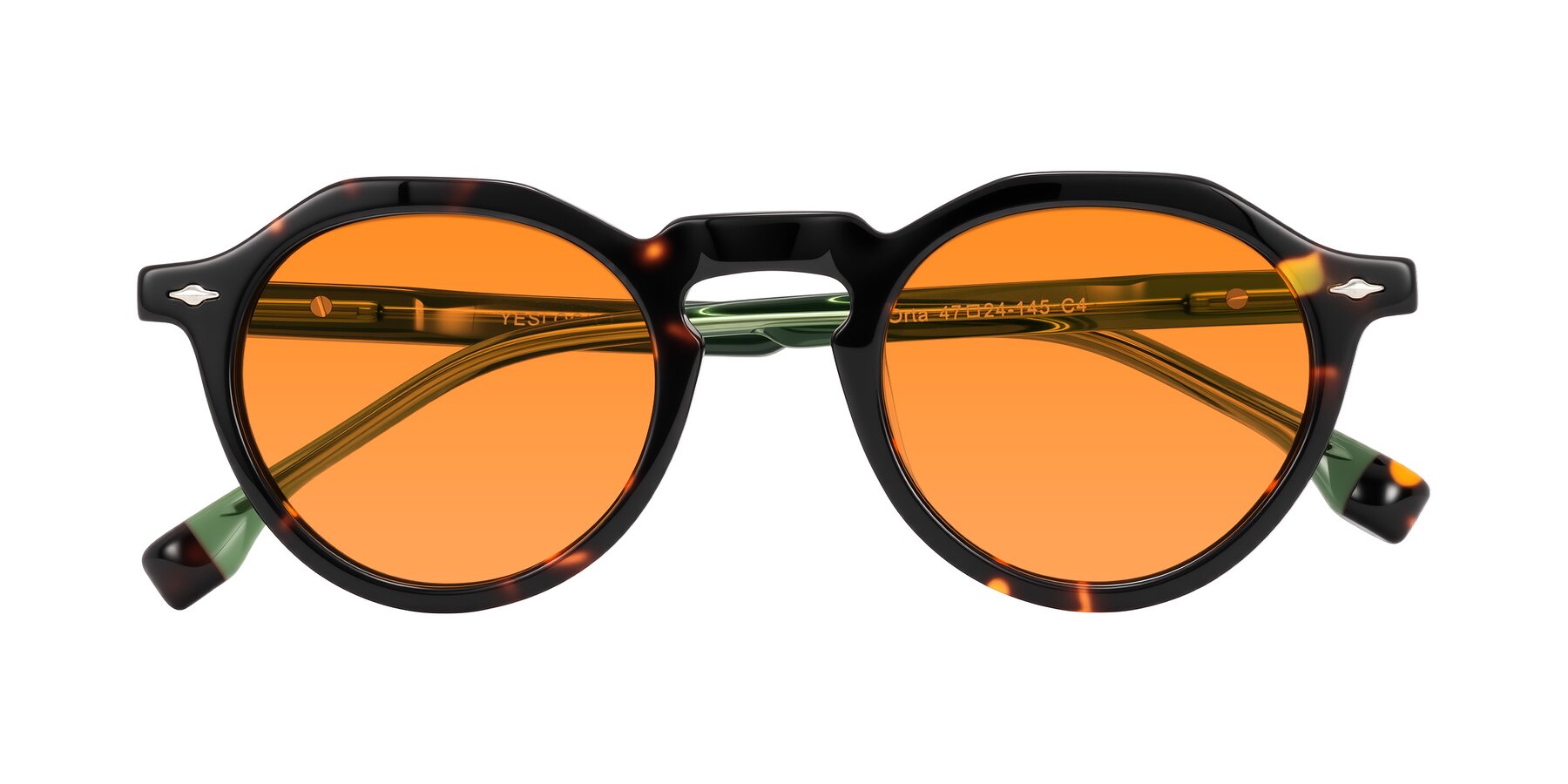 Folded Front of Orta in Tortoise/Green with Orange Tinted Lenses