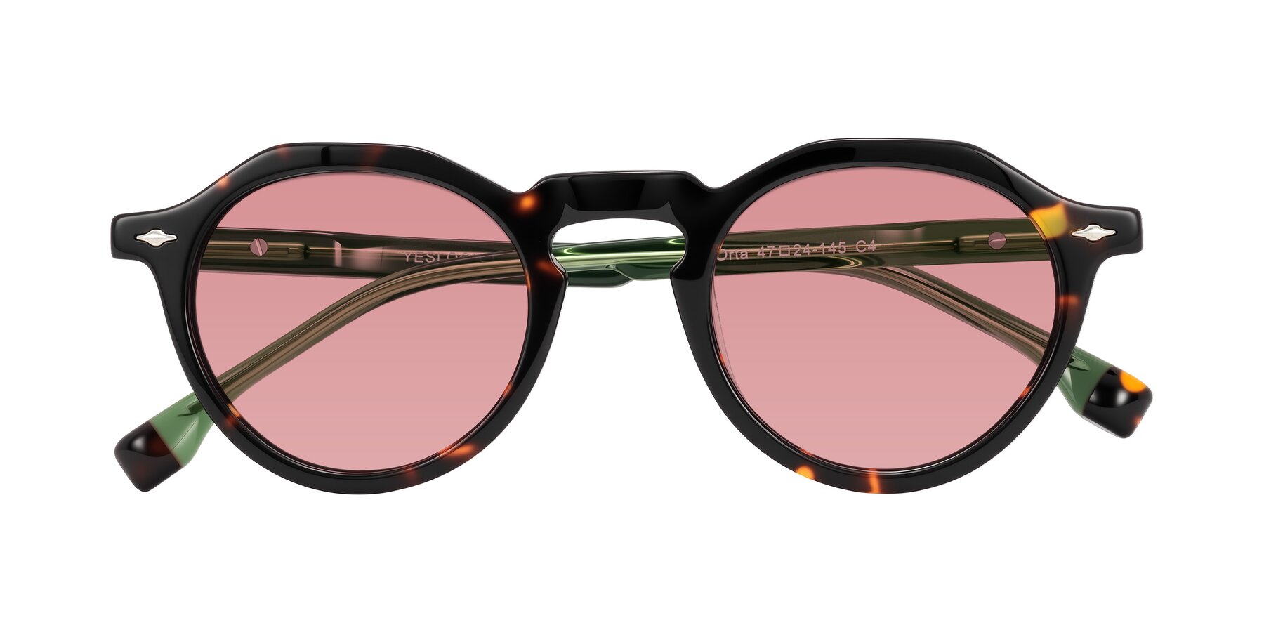 Folded Front of Orta in Tortoise/Green with Medium Garnet Tinted Lenses