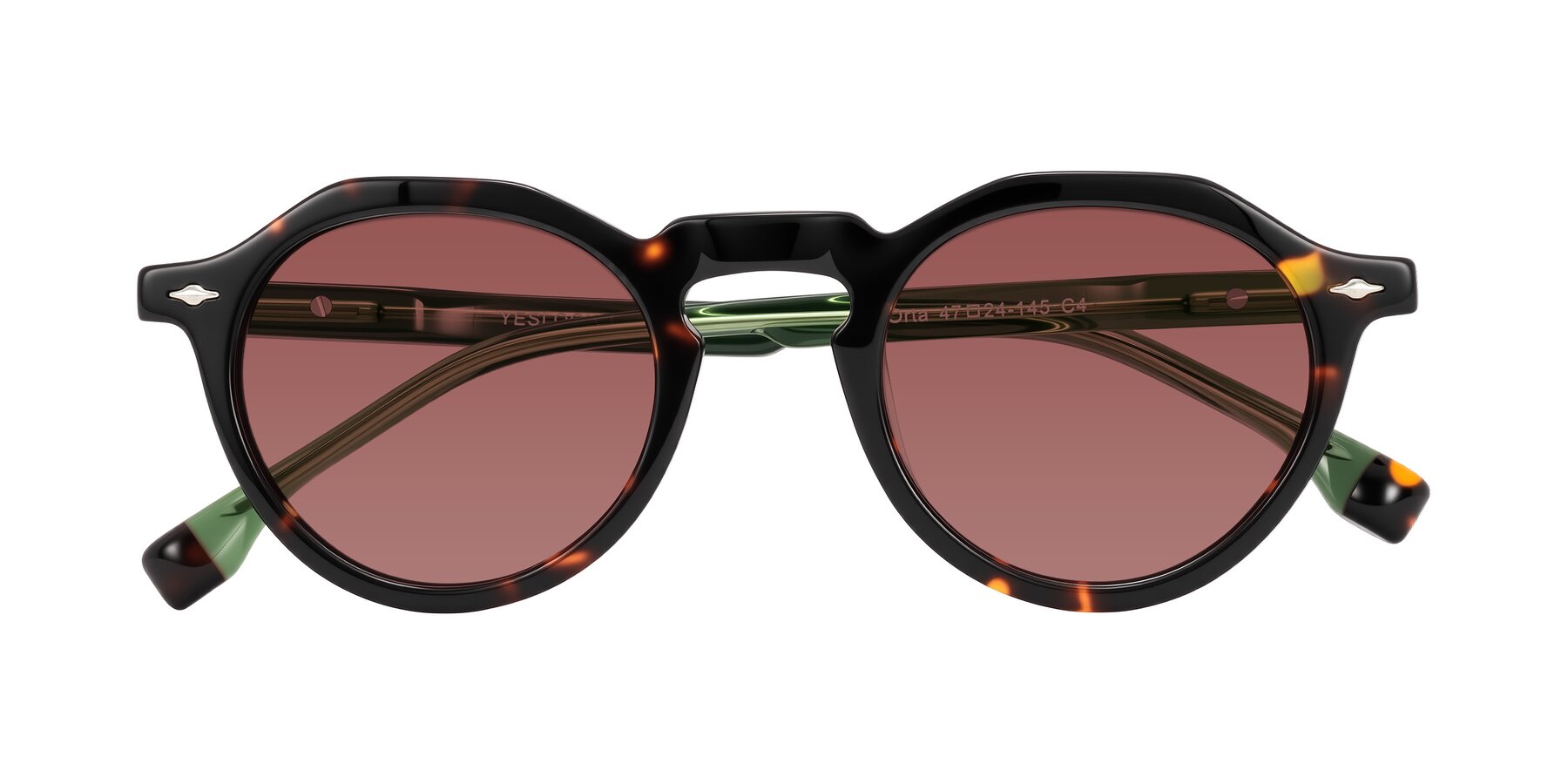Folded Front of Orta in Tortoise/Green with Garnet Tinted Lenses