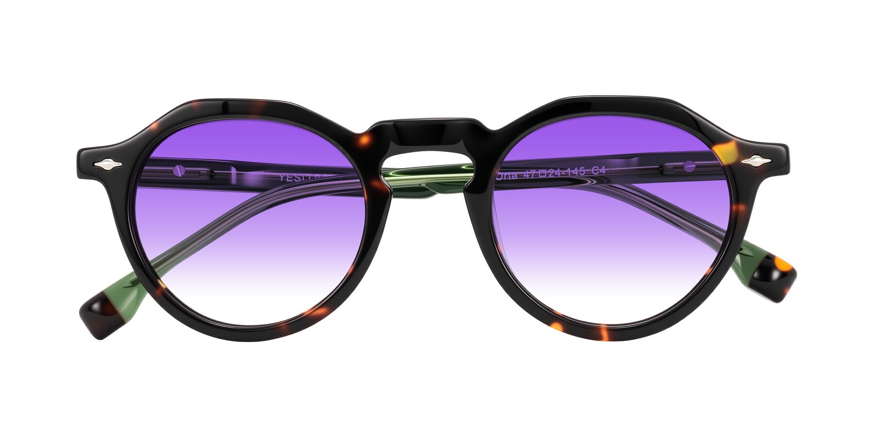 Folded Front of Orta in Tortoise/Green with Purple Gradient Lenses