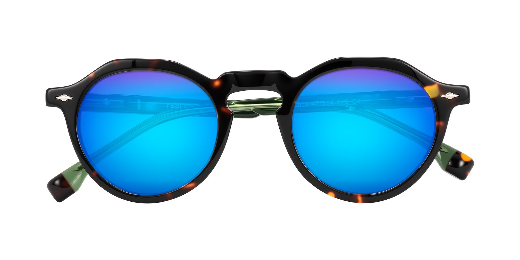 Folded Front of Orta in Tortoise/Green with Blue Mirrored Lenses