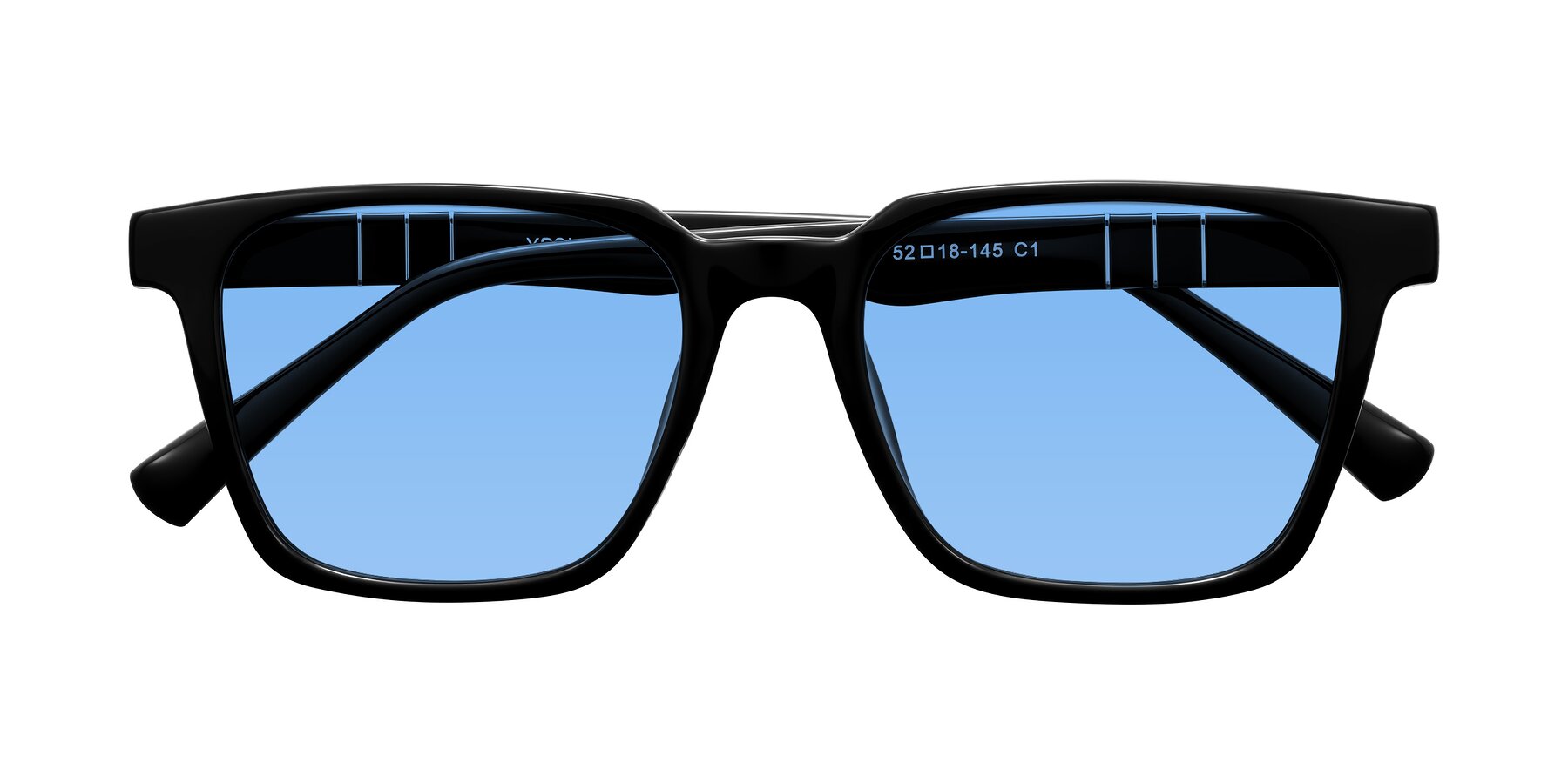Folded Front of Doelum in Black with Medium Blue Tinted Lenses