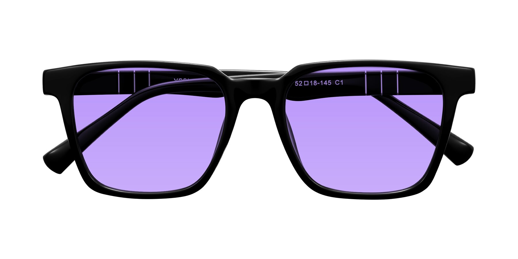 Folded Front of Doelum in Black with Medium Purple Tinted Lenses