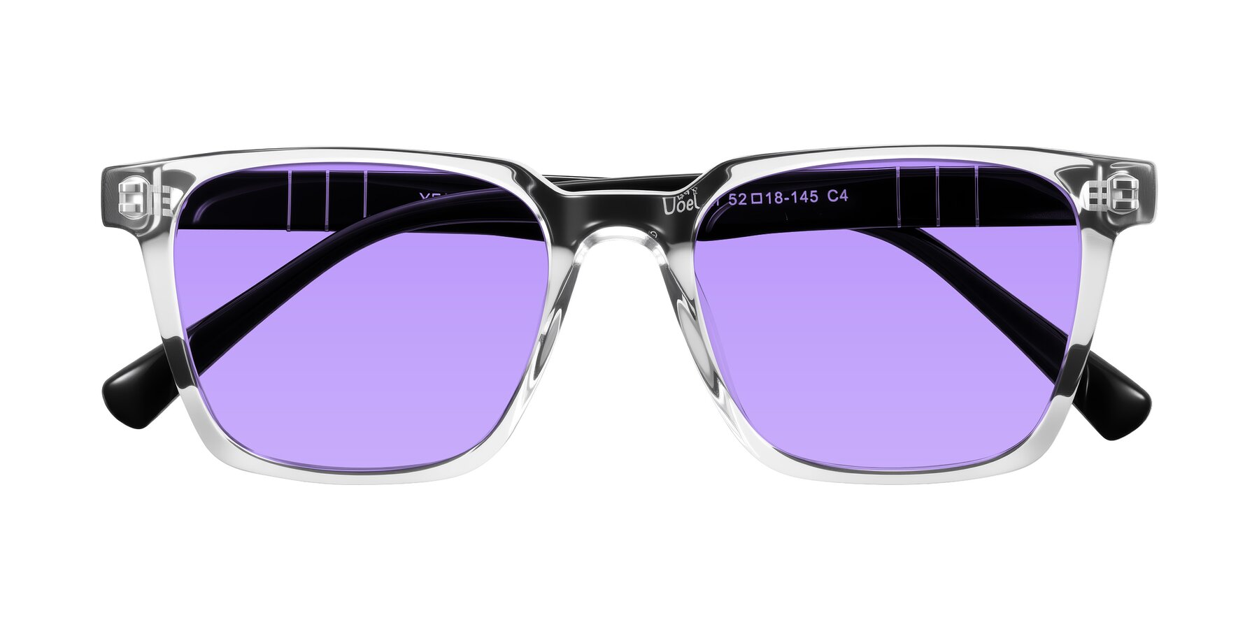 Folded Front of Doelum in Clear/Black with Medium Purple Tinted Lenses