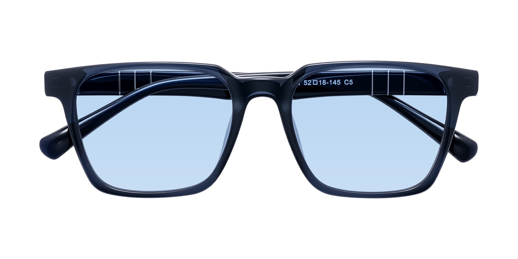Folded Front of Doelum in Dark Navy with Light Blue Tinted Lenses