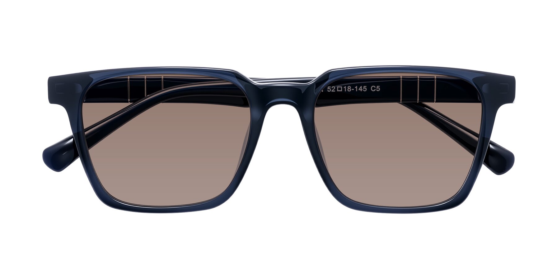 Folded Front of Doelum in Dark Navy with Medium Brown Tinted Lenses