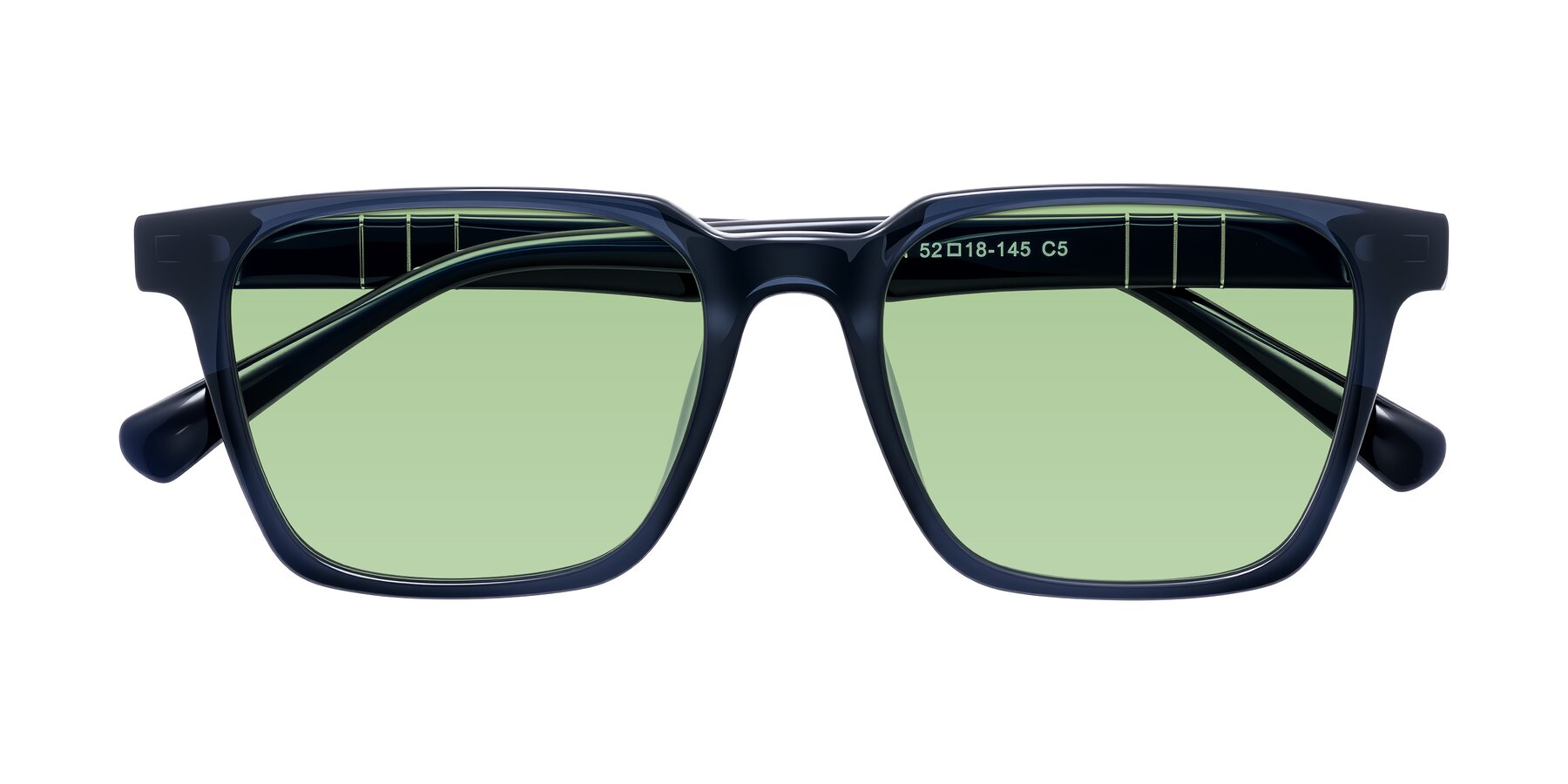Folded Front of Doelum in Dark Navy with Medium Green Tinted Lenses