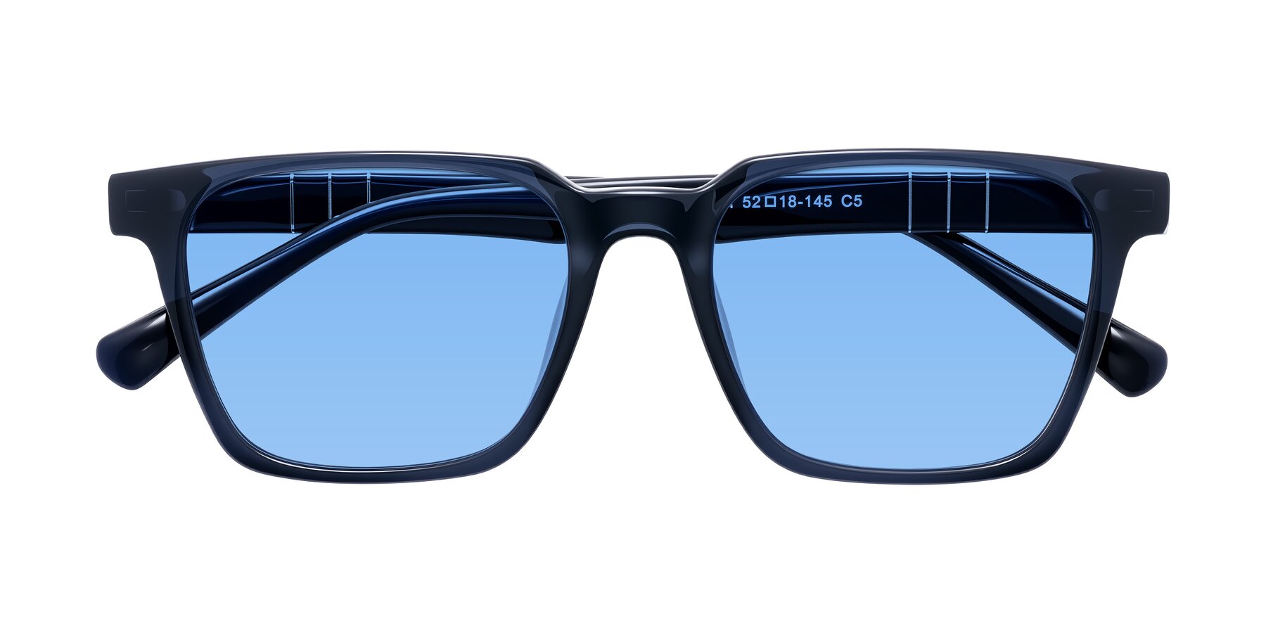 Folded Front of Doelum in Dark Navy with Medium Blue Tinted Lenses