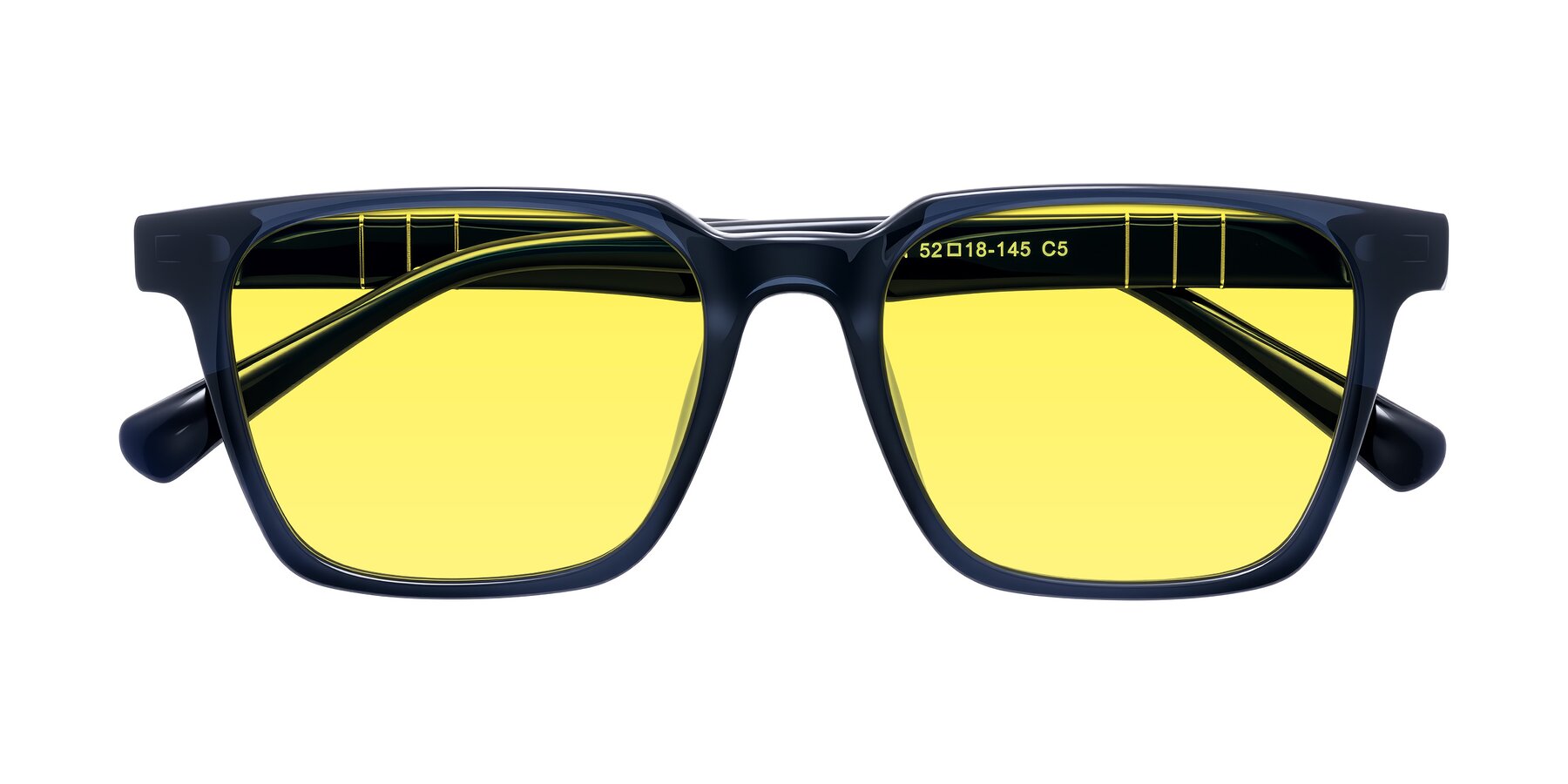Folded Front of Doelum in Dark Navy with Medium Yellow Tinted Lenses
