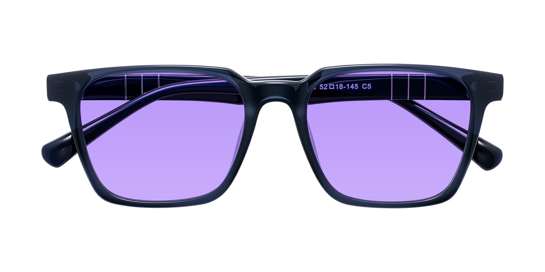 Folded Front of Doelum in Dark Navy with Medium Purple Tinted Lenses