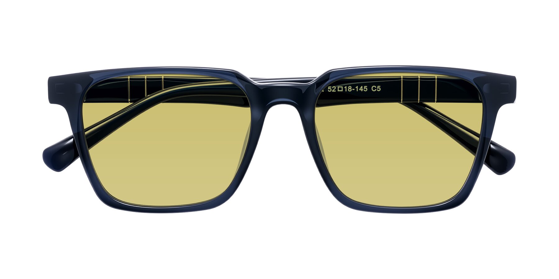 Folded Front of Doelum in Dark Navy with Medium Champagne Tinted Lenses