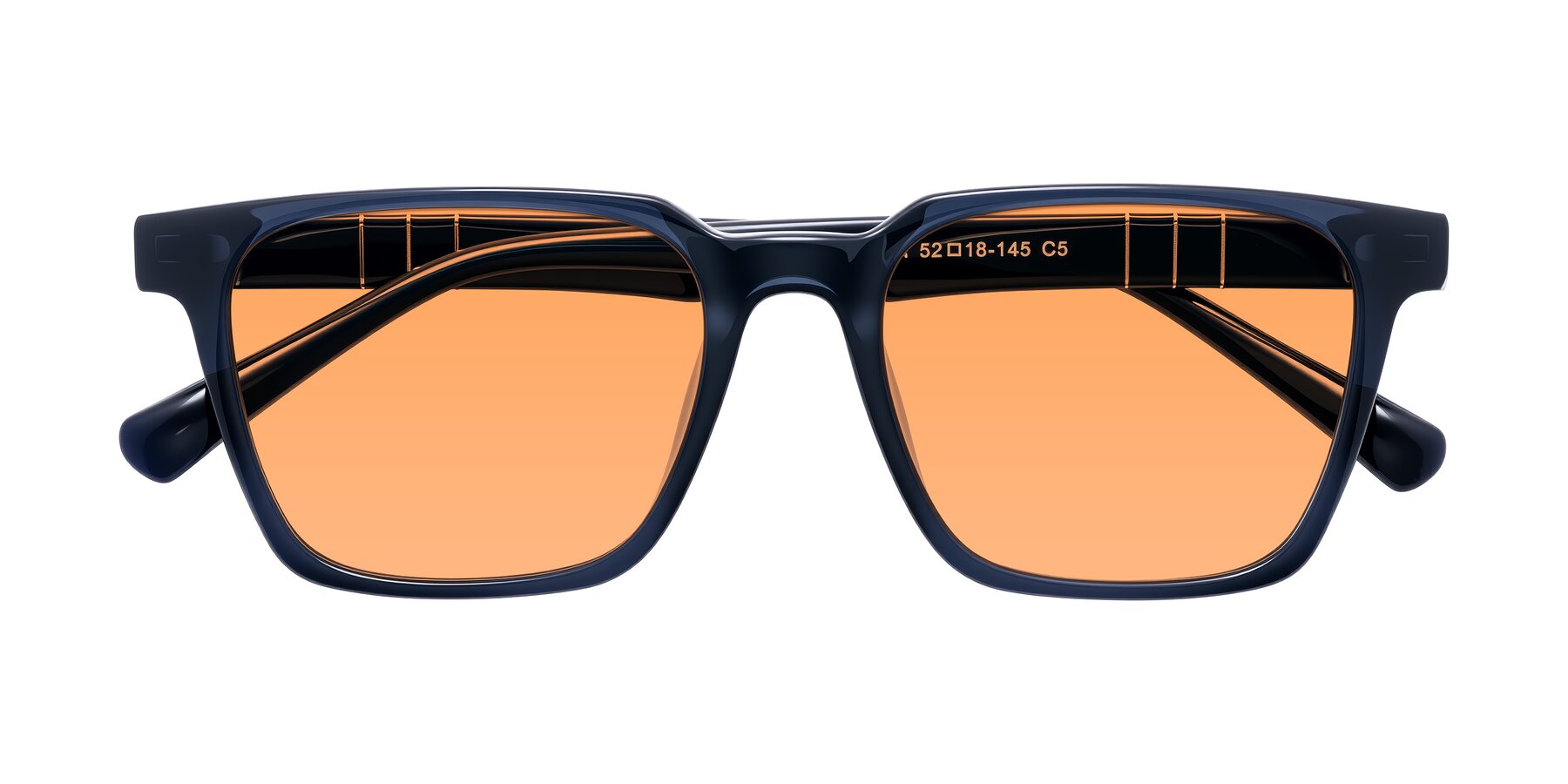 Folded Front of Doelum in Dark Navy with Medium Orange Tinted Lenses