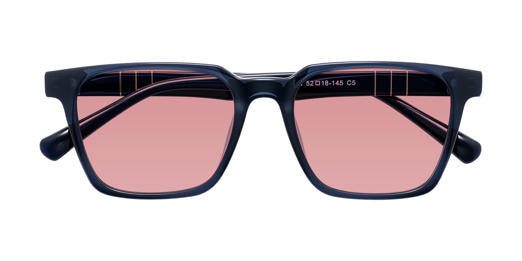Folded Front of Doelum in Dark Navy with Medium Garnet Tinted Lenses