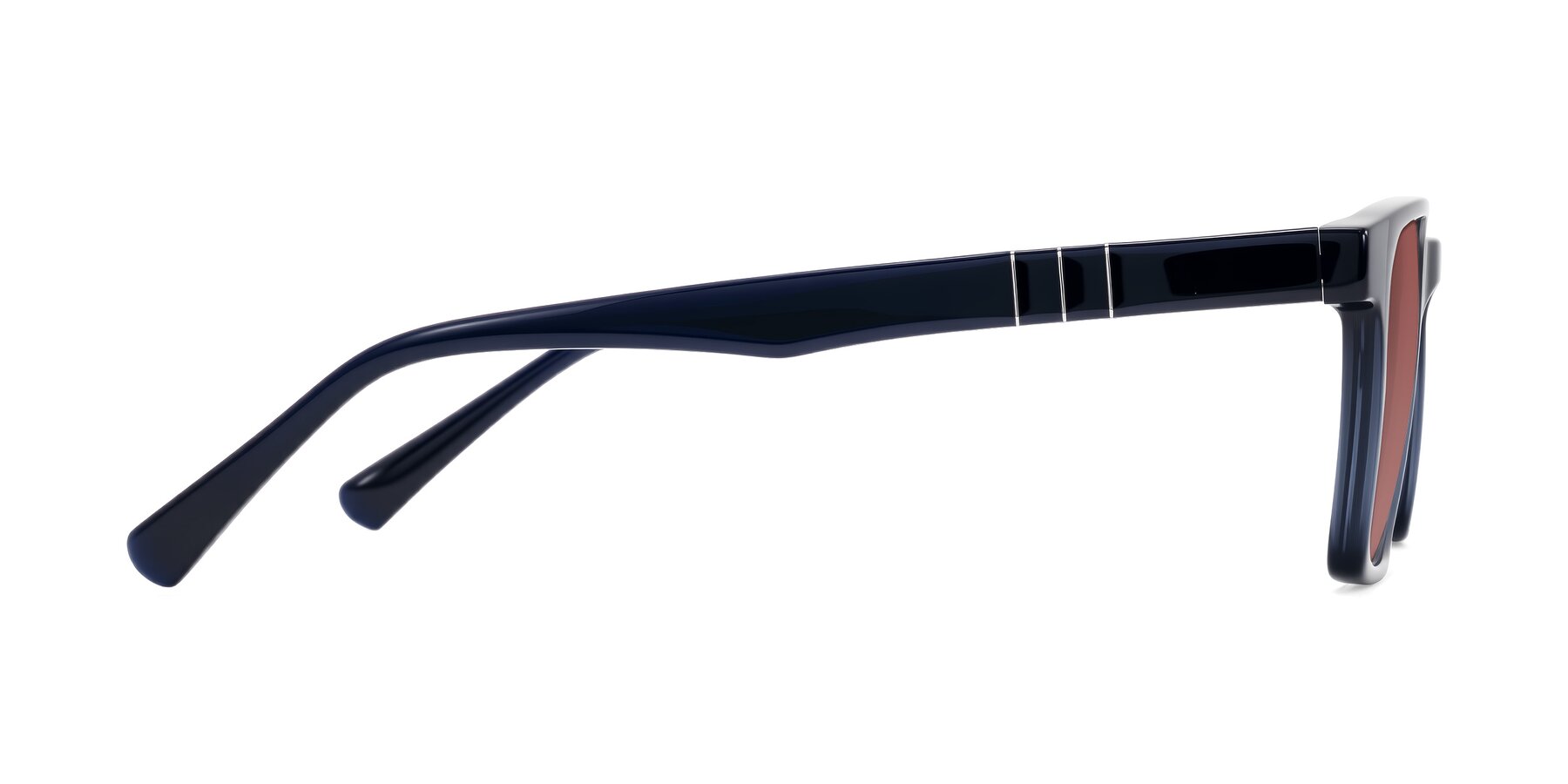 Side of Doelum in Dark Navy with Garnet Tinted Lenses