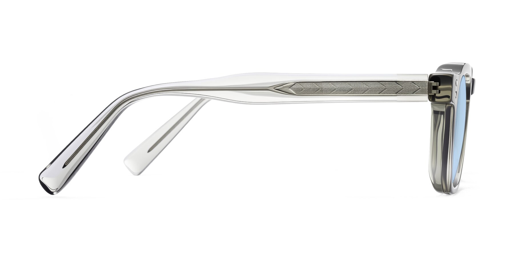 Side of Muzik in Light Gray to Charcoal Shift with Light Blue Tinted Lenses