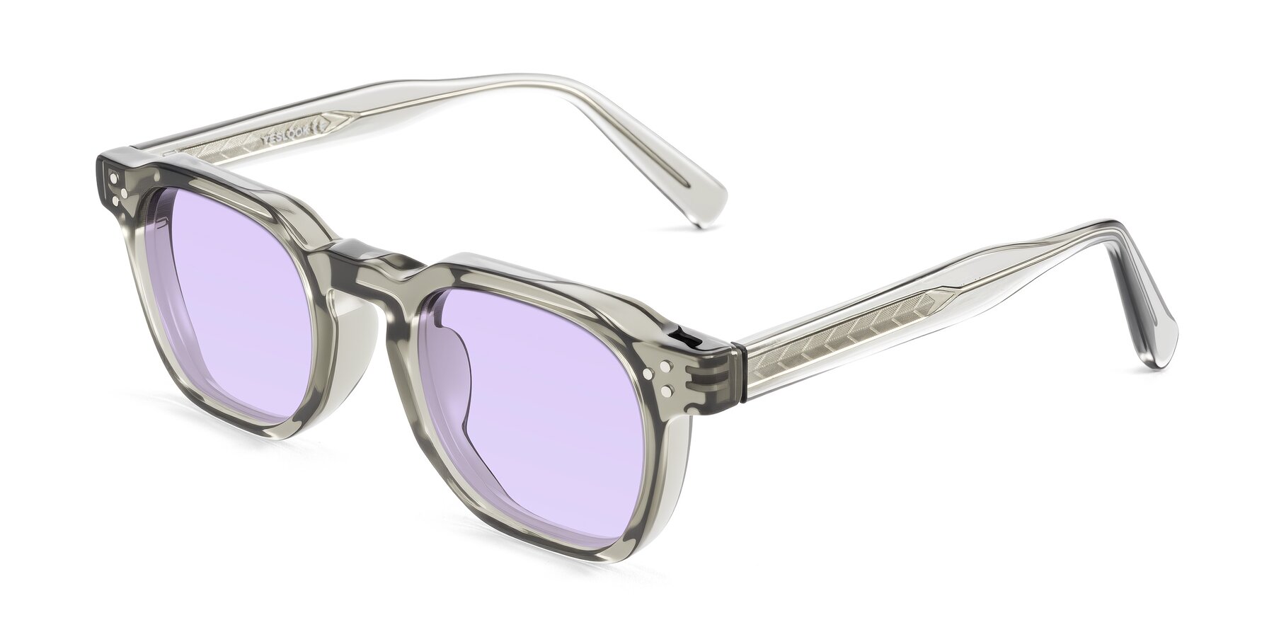 Angle of Muzik in Light Gray to Charcoal Shift with Light Purple Tinted Lenses