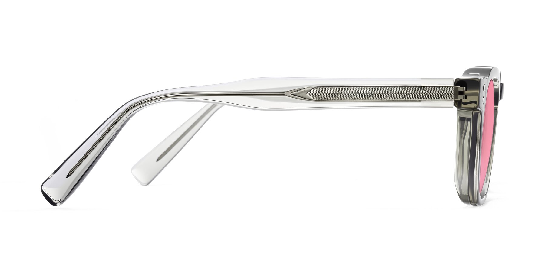 Side of Muzik in Light Gray to Charcoal Shift with Pink Tinted Lenses