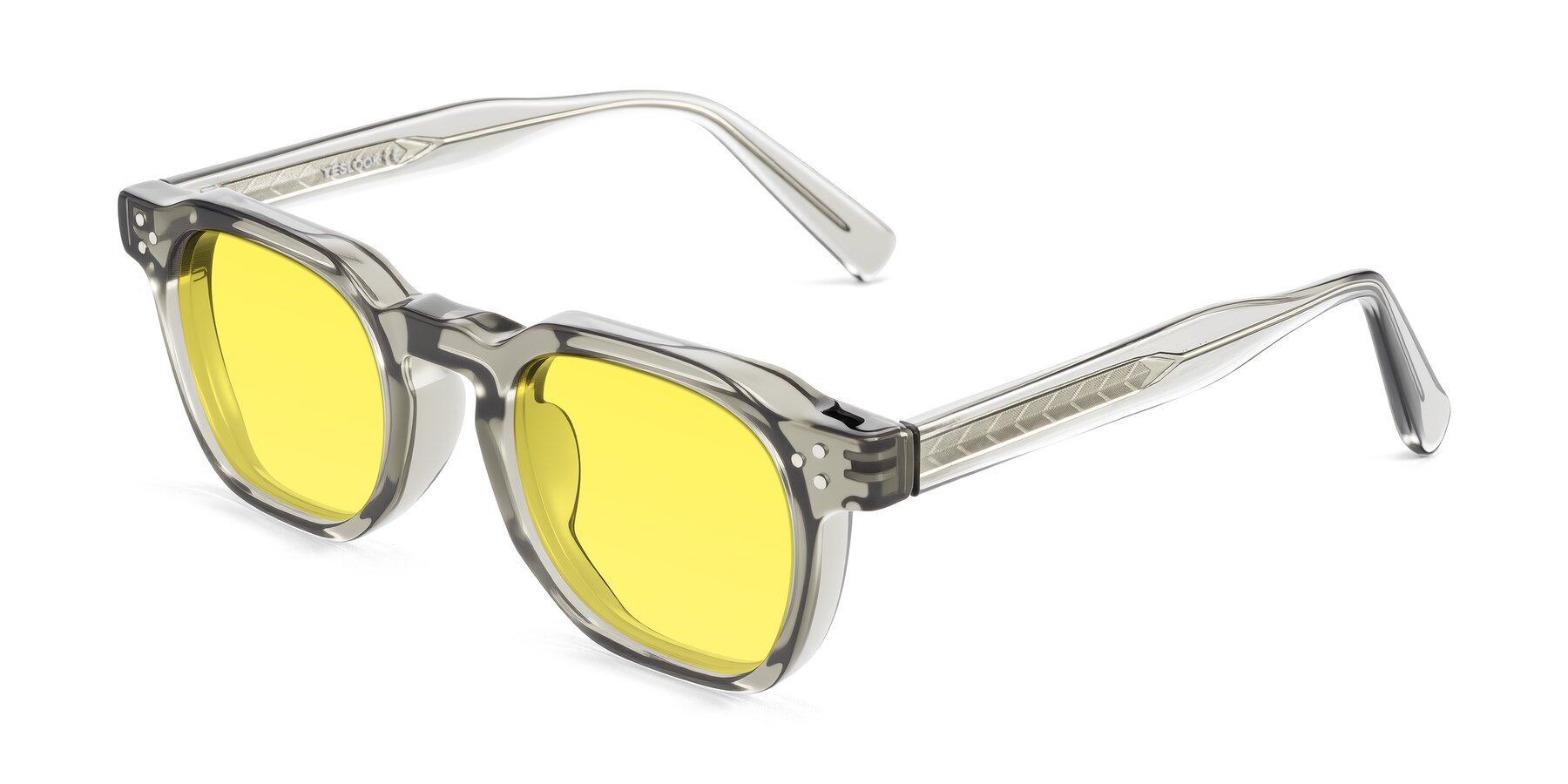 Angle of Muzik in Light Gray to Charcoal Shift with Medium Yellow Tinted Lenses