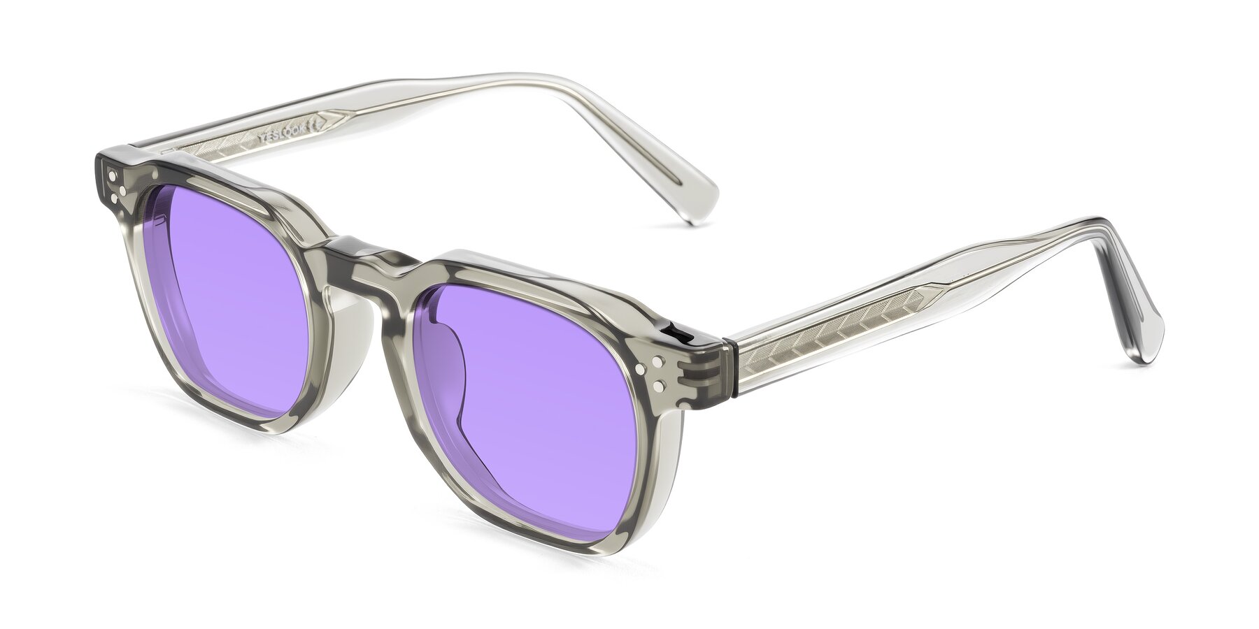 Angle of Muzik in Light Gray to Charcoal Shift with Medium Purple Tinted Lenses