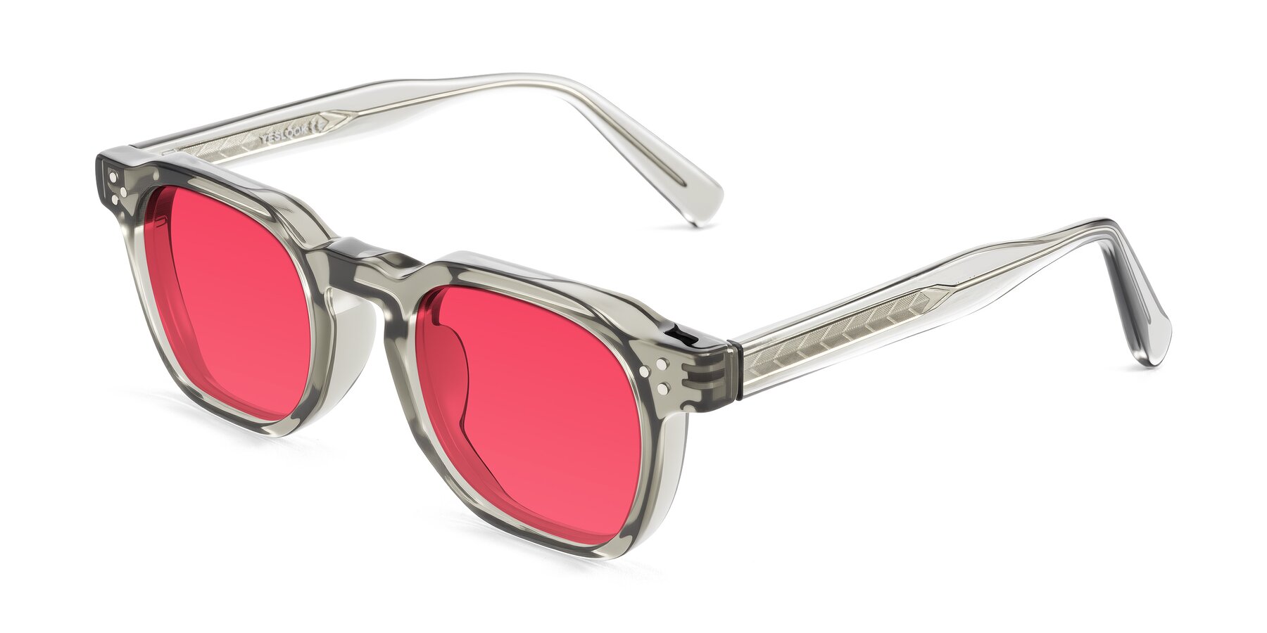 Angle of Muzik in Light Gray to Charcoal Shift with Red Tinted Lenses