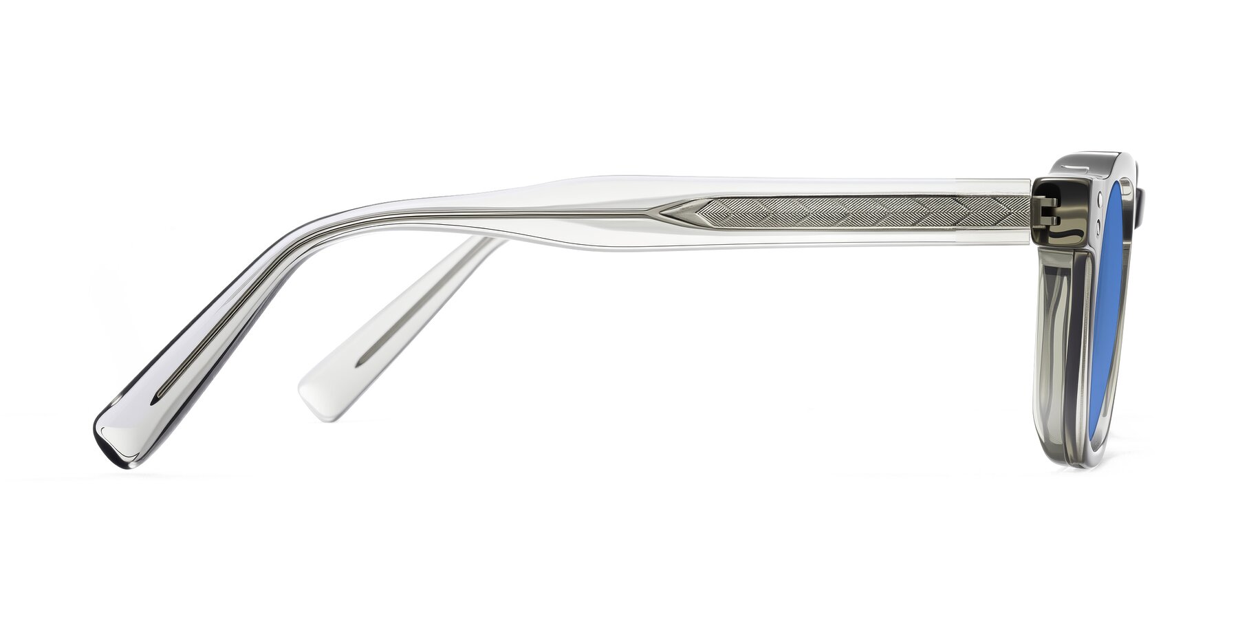 Side of Muzik in Light Gray to Charcoal Shift with Blue Tinted Lenses