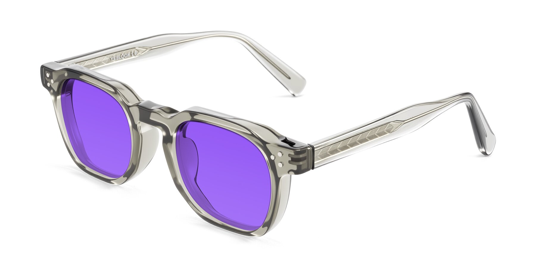 Angle of Muzik in Light Gray to Charcoal Shift with Purple Tinted Lenses