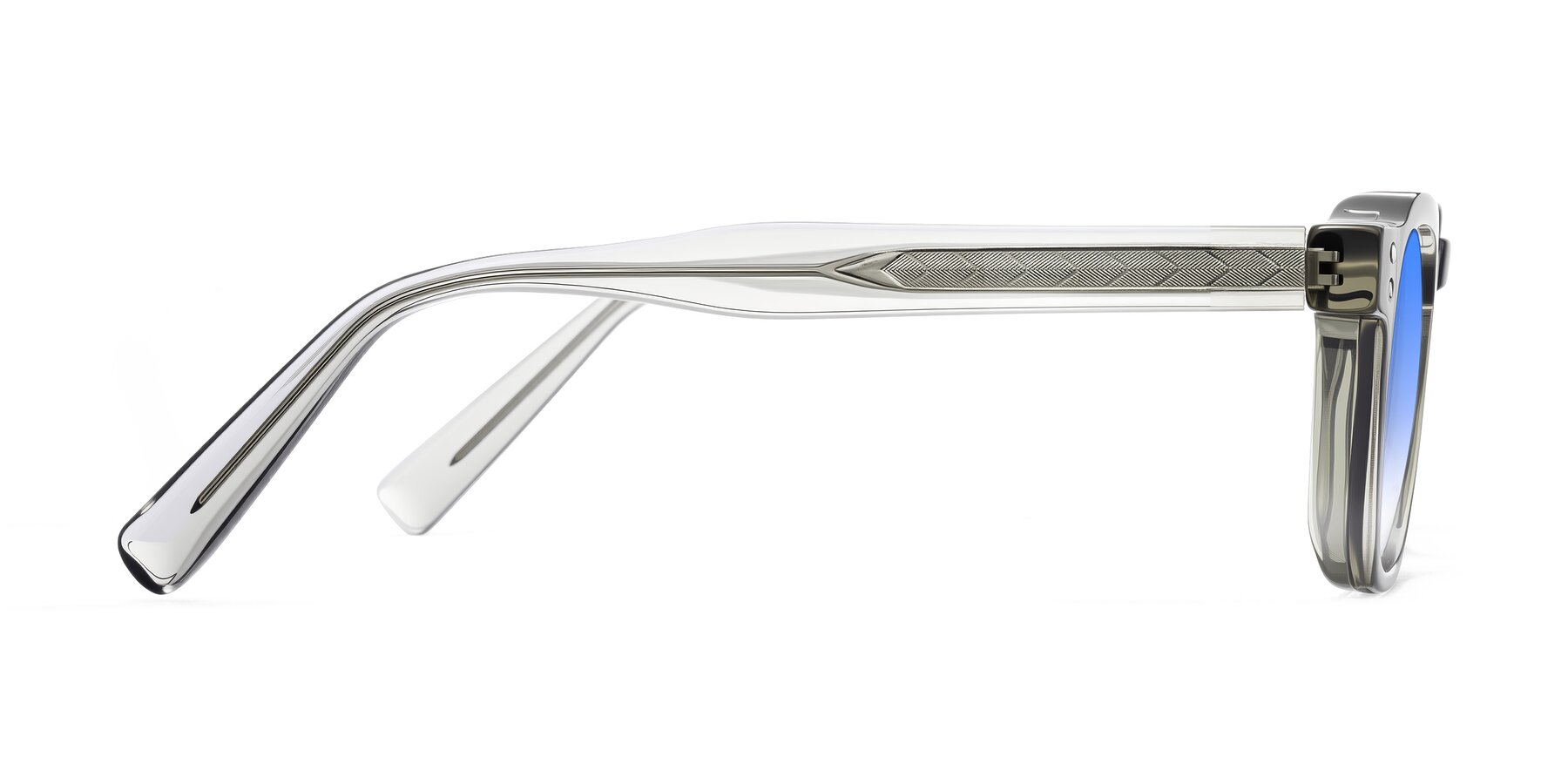 Side of Muzik in Light Gray to Charcoal Shift with Blue Gradient Lenses