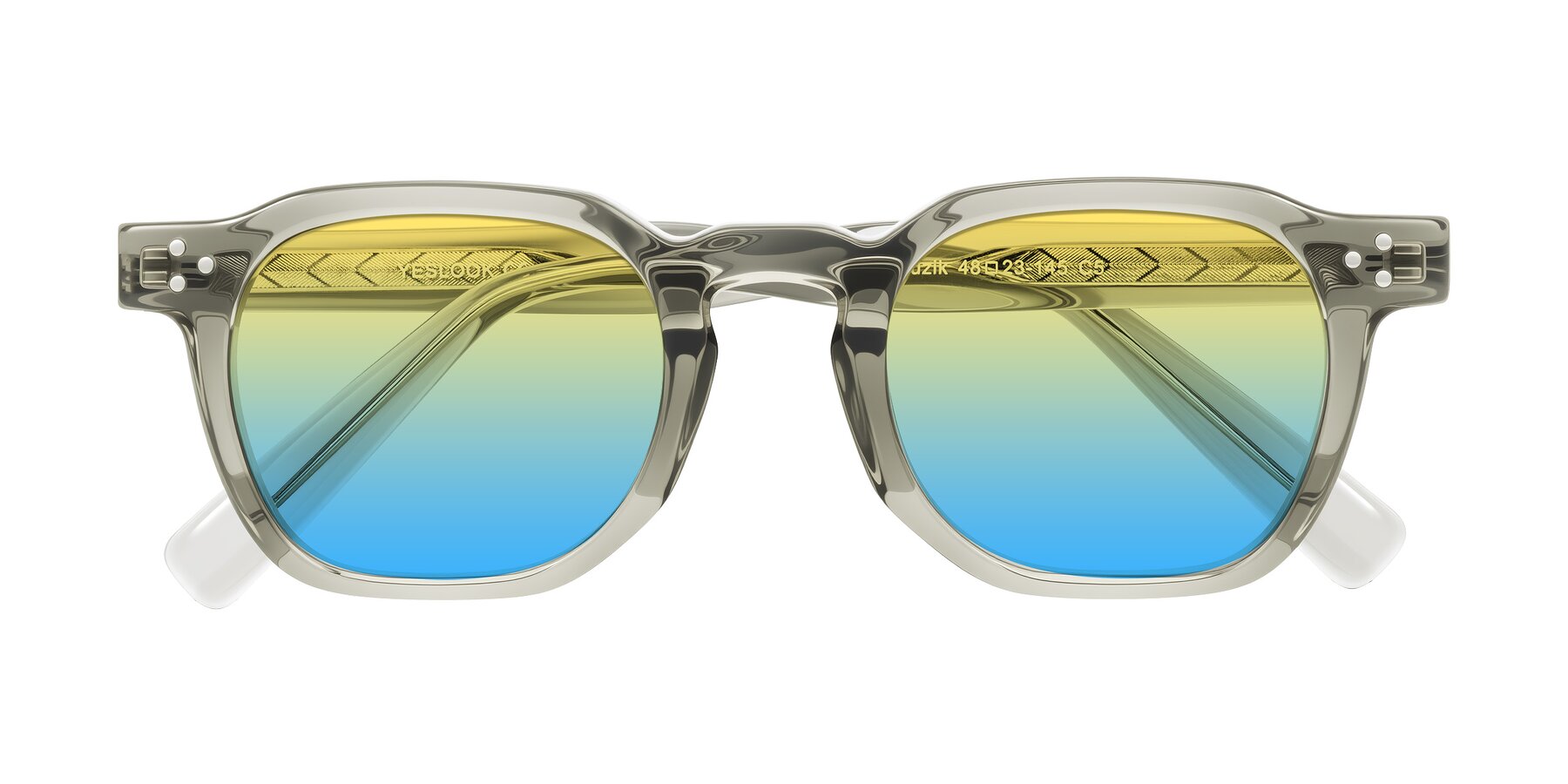 Folded Front of Muzik in Light Gray to Charcoal Shift with Yellow / Blue Gradient Lenses