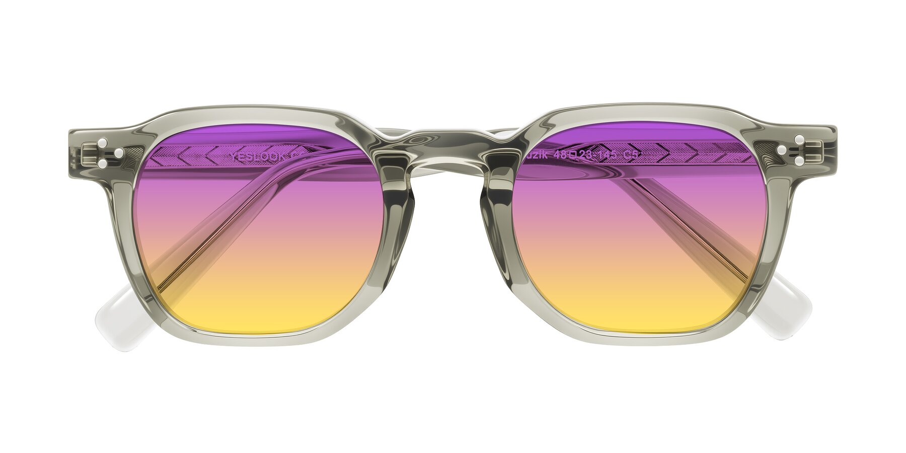 Folded Front of Muzik in Light Gray to Charcoal Shift with Purple / Yellow Gradient Lenses
