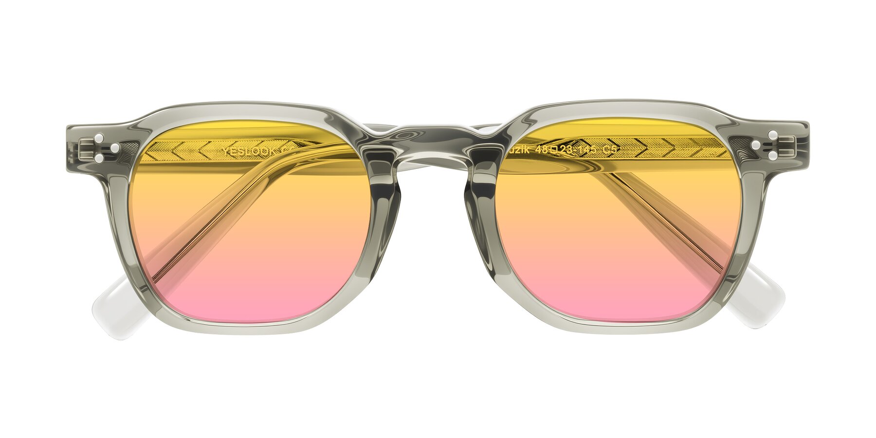 Folded Front of Muzik in Light Gray to Charcoal Shift with Yellow / Pink Gradient Lenses