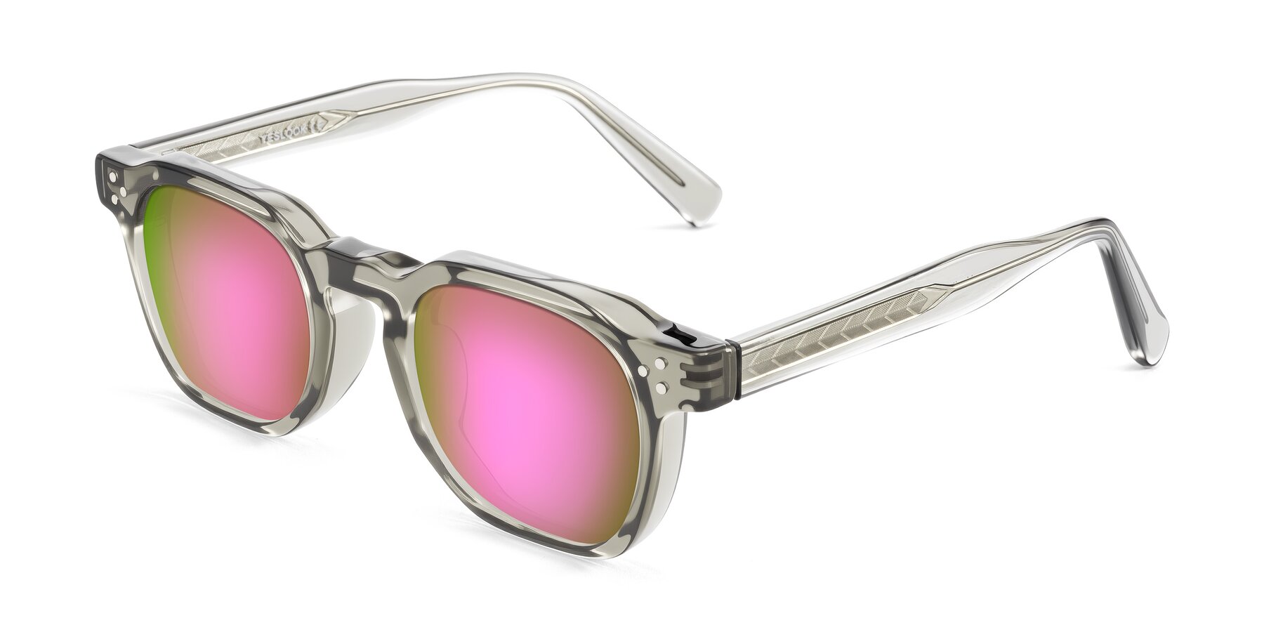 Angle of Muzik in Light Gray to Charcoal Shift with Pink Mirrored Lenses