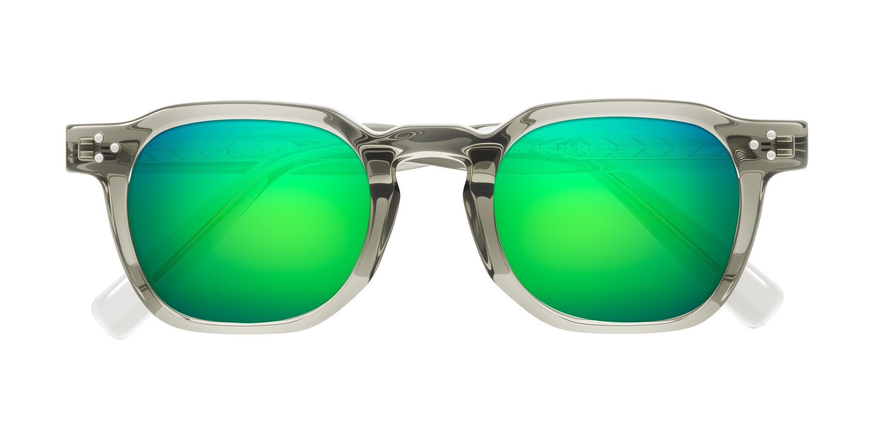 Folded Front of Muzik in Light Gray to Charcoal Shift with Green Mirrored Lenses