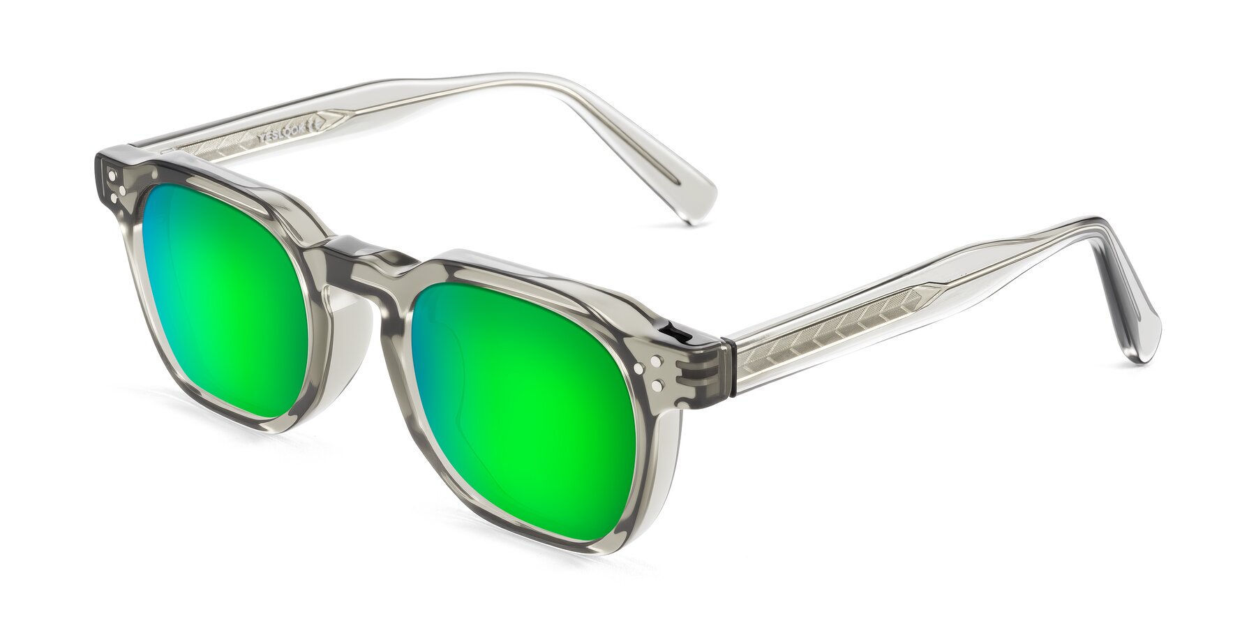 Angle of Muzik in Light Gray to Charcoal Shift with Green Mirrored Lenses