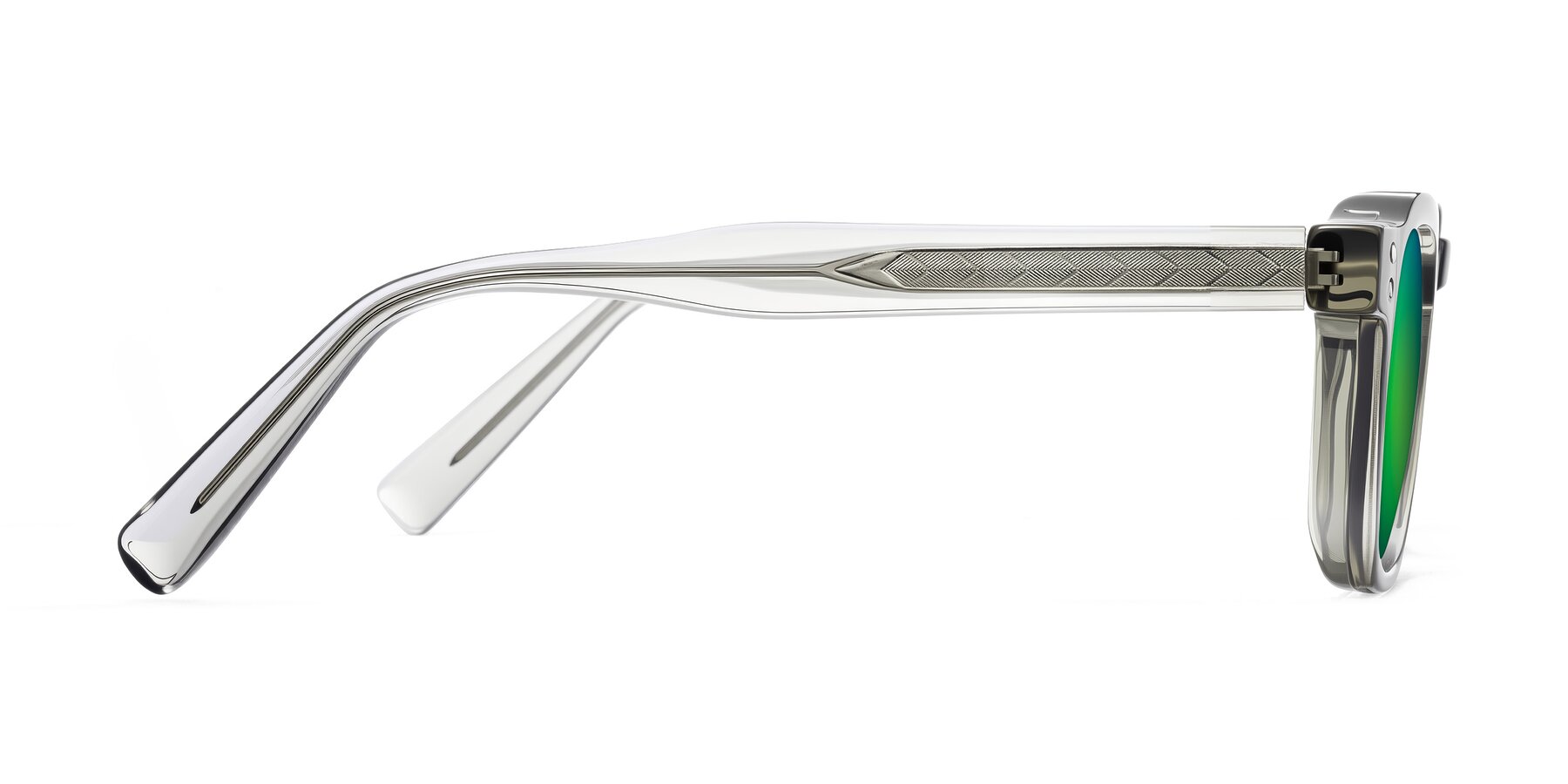 Side of Muzik in Light Gray to Charcoal Shift with Green Mirrored Lenses