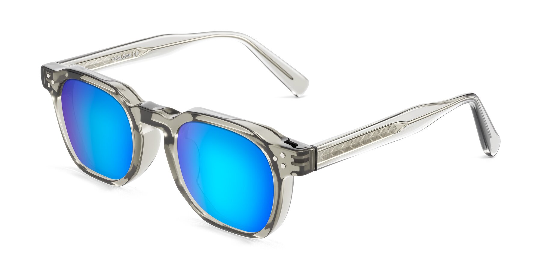 Angle of Muzik in Light Gray to Charcoal Shift with Blue Mirrored Lenses